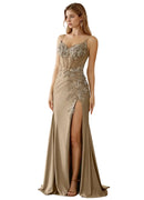 Manuelly Coffee 3D Floral Satin Mermaid Gown