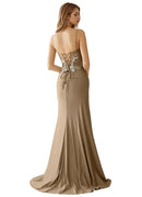 Manuelly Coffee 3D Floral Satin Mermaid Gown