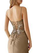 Manuelly Coffee 3D Floral Satin Mermaid Gown