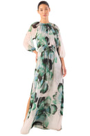 Woman wearing a floral dress on a white background