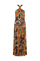 Zaria Printed Mesh Halter Maxi Dress
