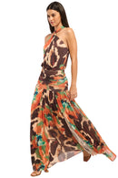 Zaria Printed Mesh Halter Maxi Dress