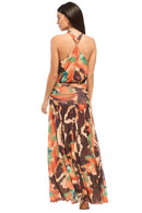 Zaria Printed Mesh Halter Maxi Dress