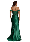 Wrentino Dark Green Embroidered Satin Mermaid Gown