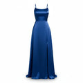 Blue evening gown with a slit on a white background