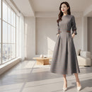 Korean Plaid Long Sleeve Maxi Dress for Women – Elegant Temperament Style